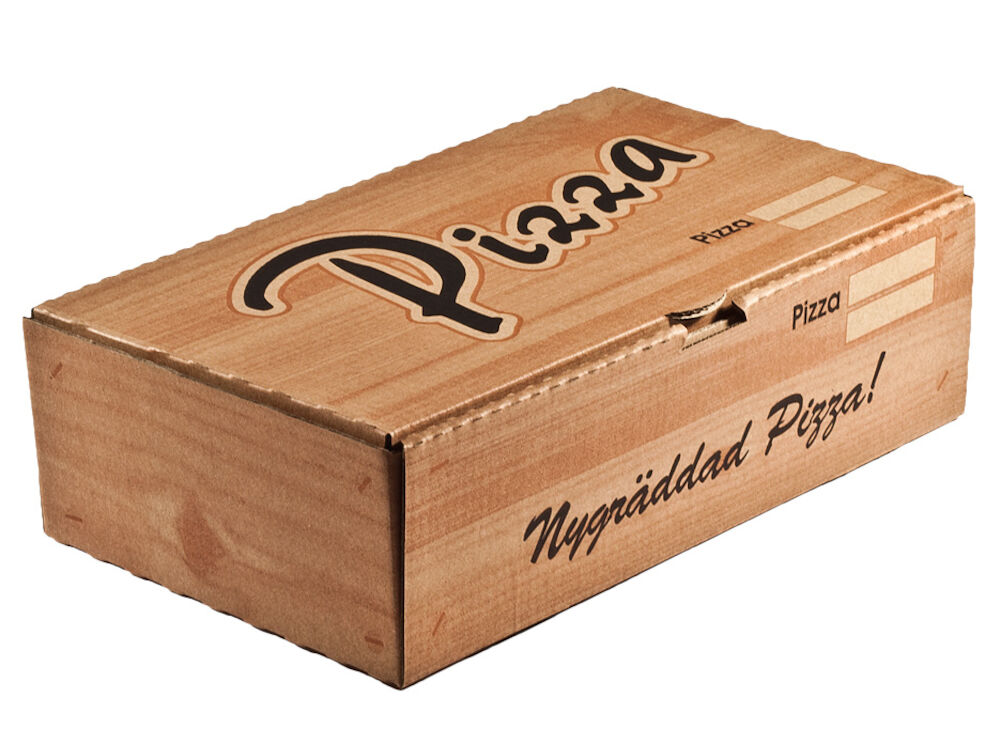 Pizzakartong Calzone Wellpapp  28x16x8cm brun med
tryckt text